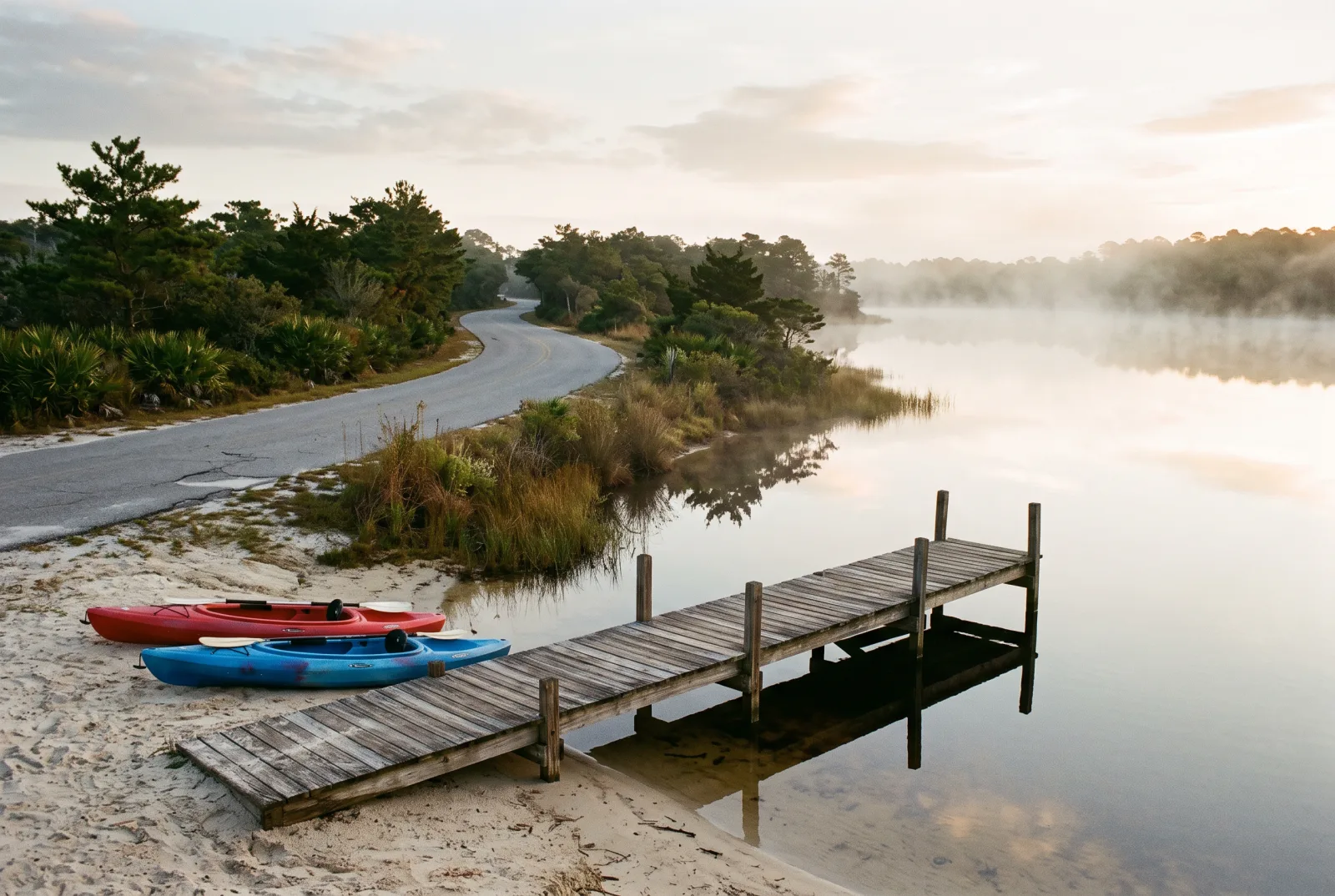 Morning on a coastal dune lake in Dune Allen: a wooden dock and kayaks at the edge of still water under scrub pines
